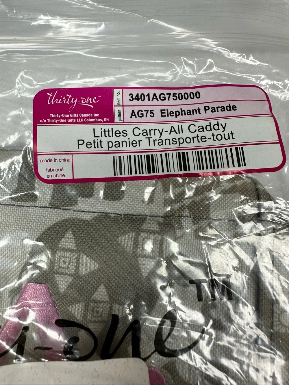Thirty-One Elephants Parade with pink A embroidered  Littles Carry-All Caddy